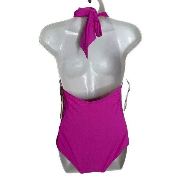 Dkny Women's Tie-Back Halter-Style One-Piece Swimsuit - Carnation Pink Size L - Picture 3 of 7